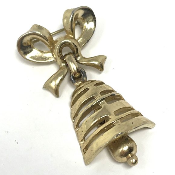 Vintage Gold Tone Bow with Moving Bell and Clapper Christmas Articulated Brooch - Picture 3 of 6